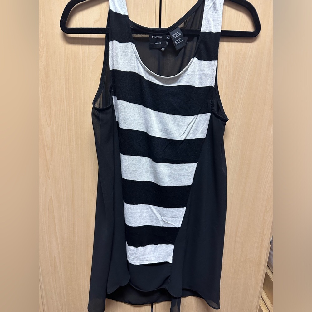 Cliche couture black&white striped front w/sheer sides&back scoop sleeveless. Xl